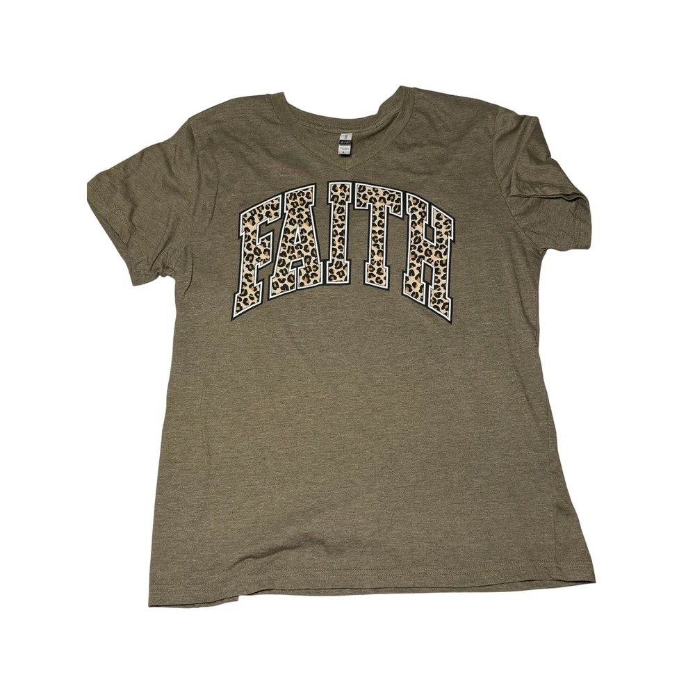 LIT Apparel Womens Faith Leopard Print Graphic V-Neck T-Shirt Olive Green Large